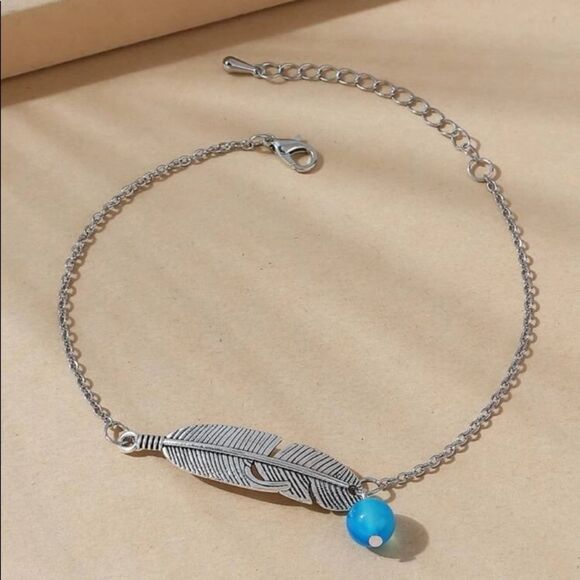 Boho Silver Feather Ankle Bracelet - Picture 2 of 4